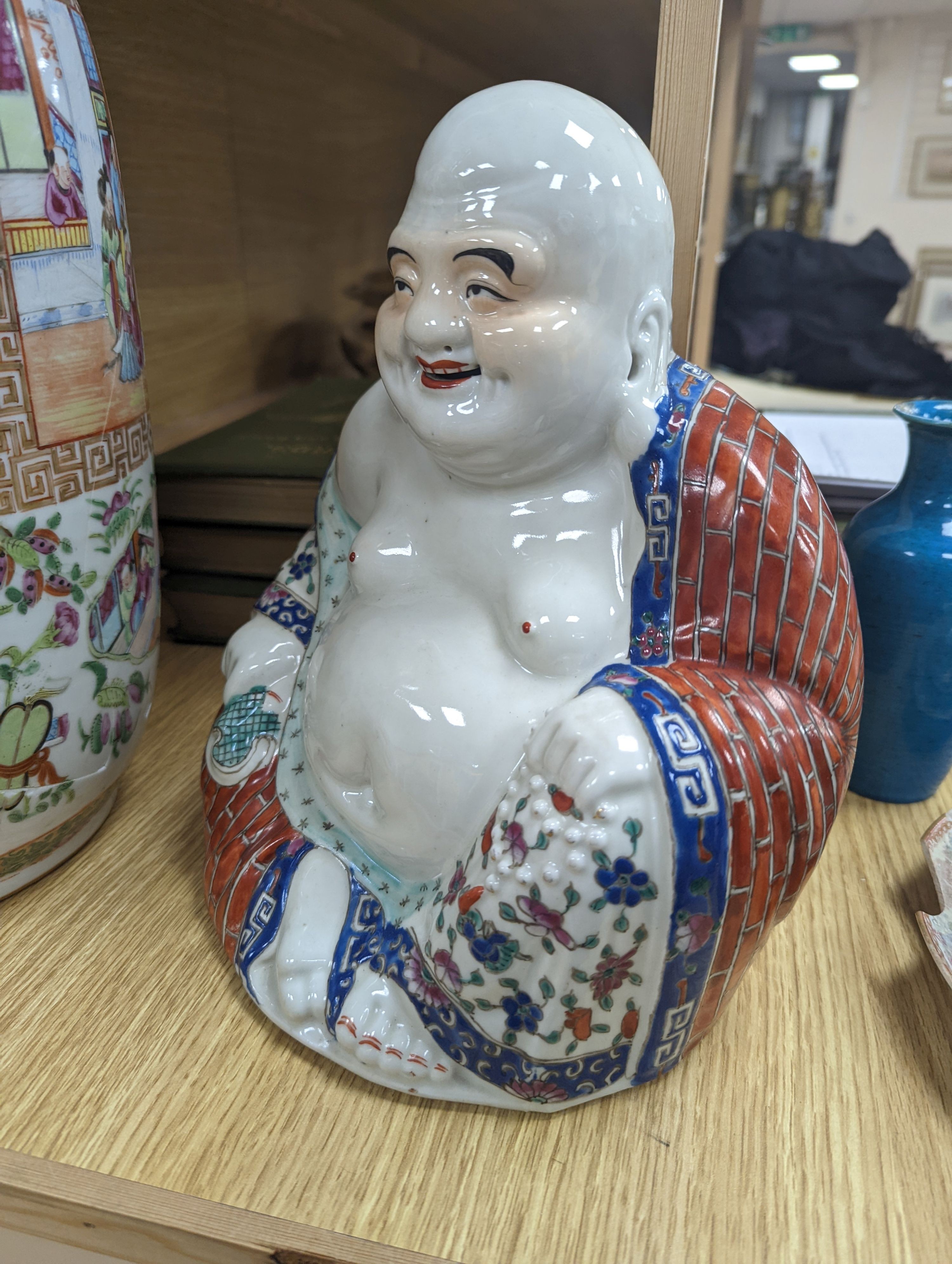 A Chinese famille rose vase, a figure of Budai, a turquoise glaze vase etc, vase 45 cms high.